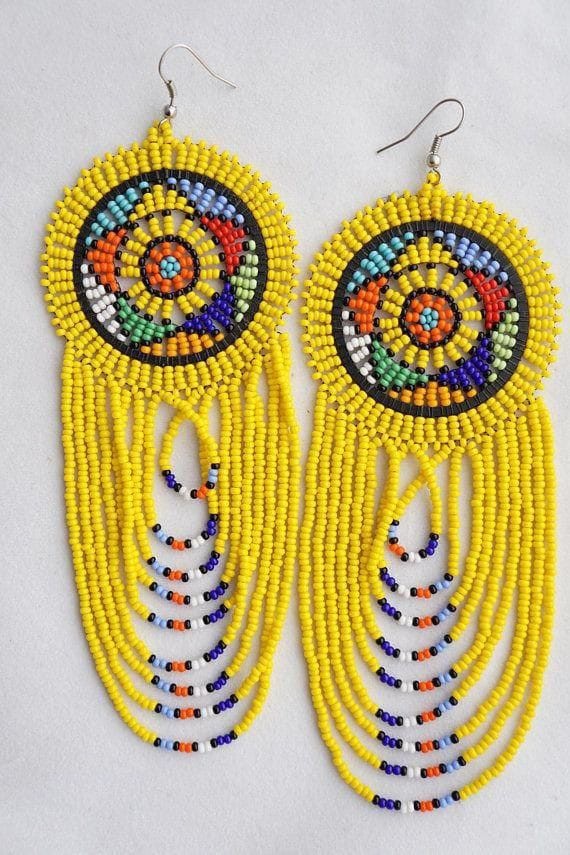 African Beaded earrings; Maasai earrings; Zulu earrings; Yellow earrings
