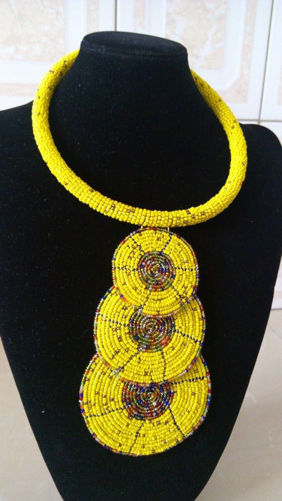 African beaded pendant necklace; Maasai yellow necklace