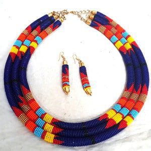 Three in one beaded necklace; African Maasai necklace with matching earrings