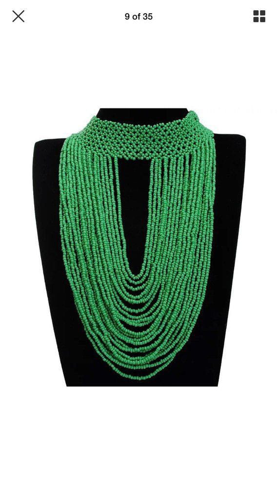 Green long choker beaded necklace; Savannah