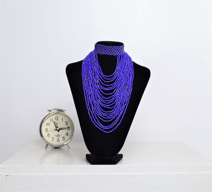 Blue beaded necklace; mid-long necklace