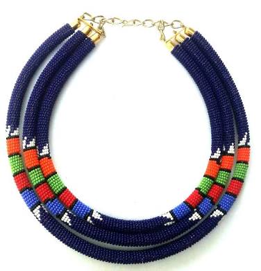 Blue and yellow 3 in 1 beaded necklace; Zulu necklace