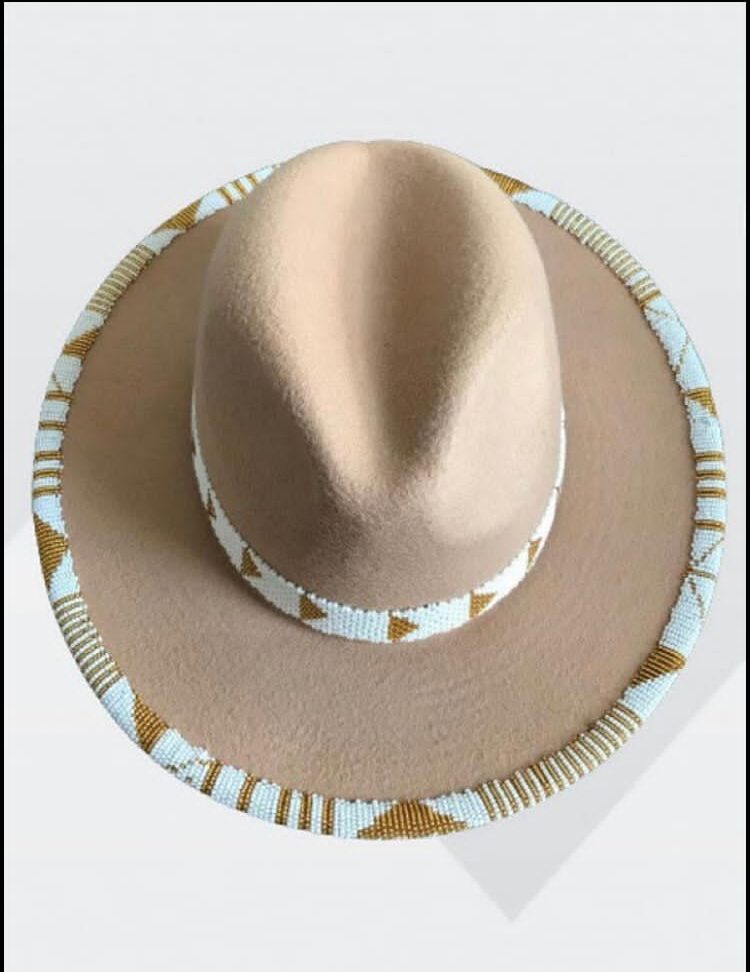Beige Fedora hat decorated with colorful beads