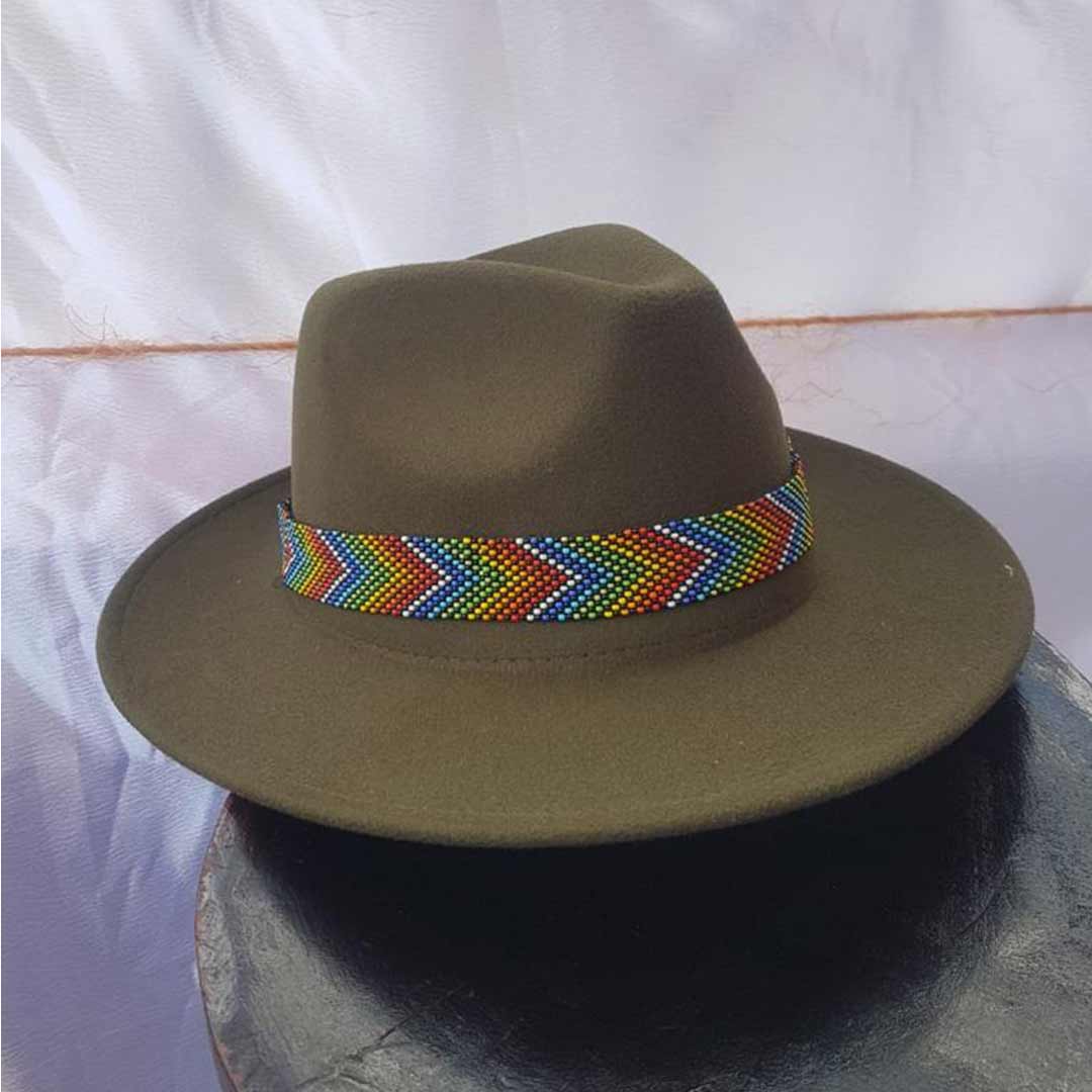 Brown Fedora hat decorated with colorful beads